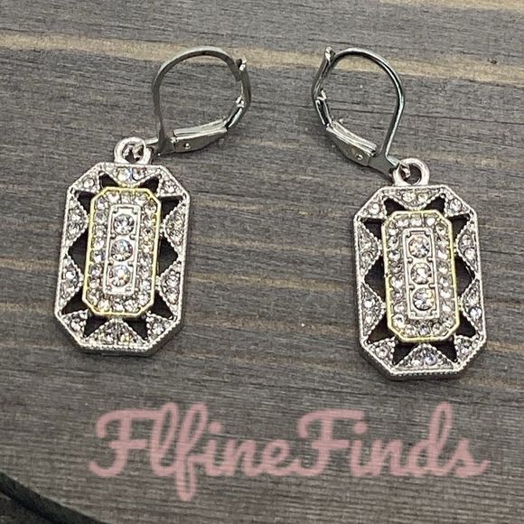 - 💖 Art deco Silver Tone  Diamond Pave geometric octagon drop earrings💖 - Picture 1 of 16